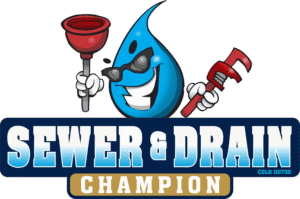 Cartoon water droplet with sunglasses holding a plunger and a wrench above text reading “Sewer & Drain Champion.”.